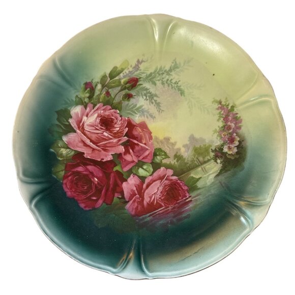 Vintage German Floral Decorative Plate Pink Red Roses 12 Inch - Picture 1 of 6